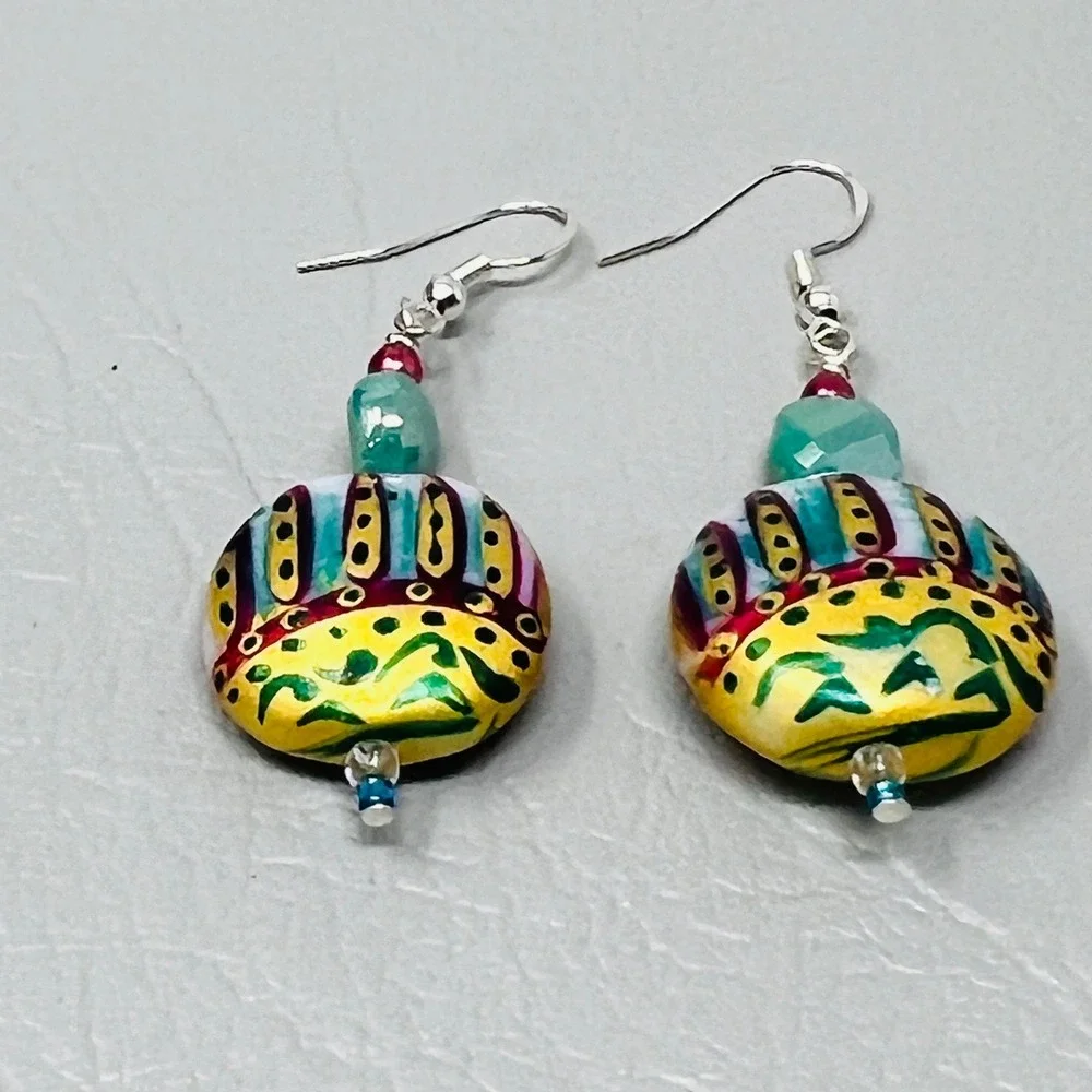 Hand‎ Painted Glass Bead Dangle Earrings Yellow Teal Gold Boho Drop Earrings